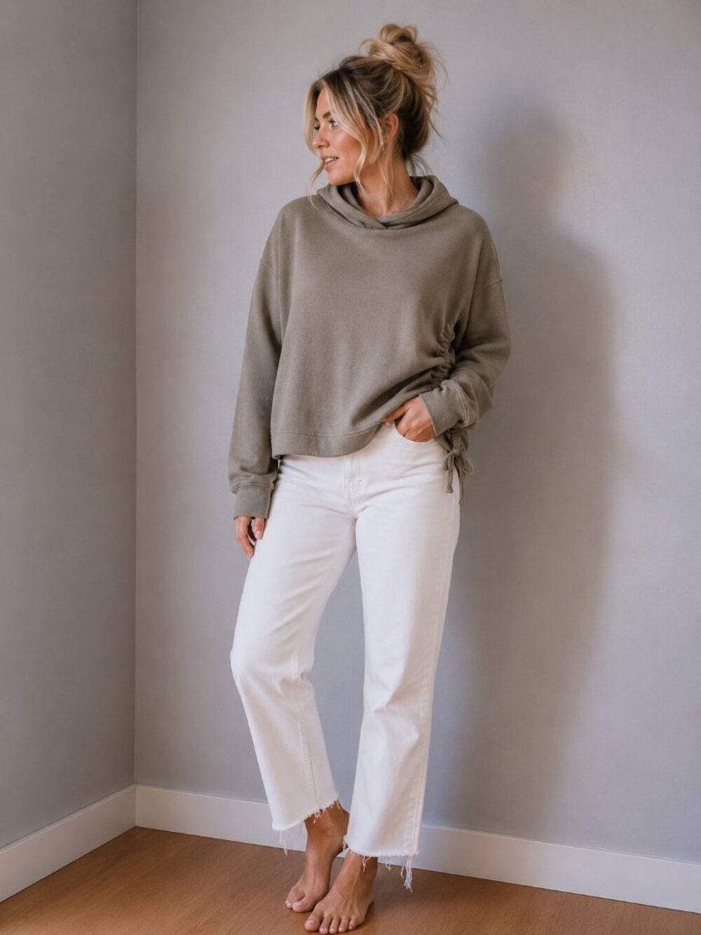 aerie Cowl Neck Hoodie Sweater - Green/Grey colour